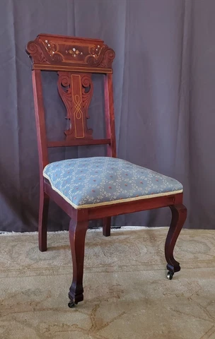 Antique 19th C Victorian Mother-of-Pearl Inlaid & Marquetry Side Chair w Casters Cover