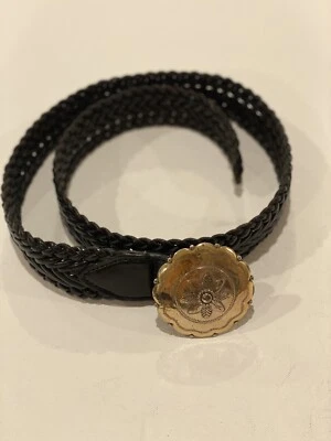 Boho Gold/Silver Round Buckle Floral Bohemian Gypsy Woven Braided Black Belt Vtg - Image 1 of 4