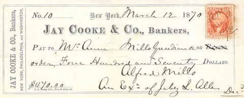 JAY COOKE CIVIL WAR FINANCIER BANKER CHECK DRAFT RECEIPT REVENUE STAMP 1870 Cover