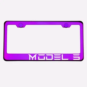 Purple Chrome License Plate Frame MODEL 3 Laser Etched Metal Screw Cap - Bild 1 von 8