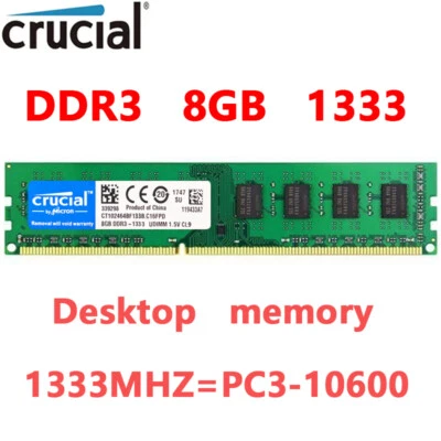 CRUCIAL DDR3 8GB 1333 MHz 8GB  PC3-10600 Desktop Memory RAM 240Pin DIMM 1.5V - Image 1 of 4
