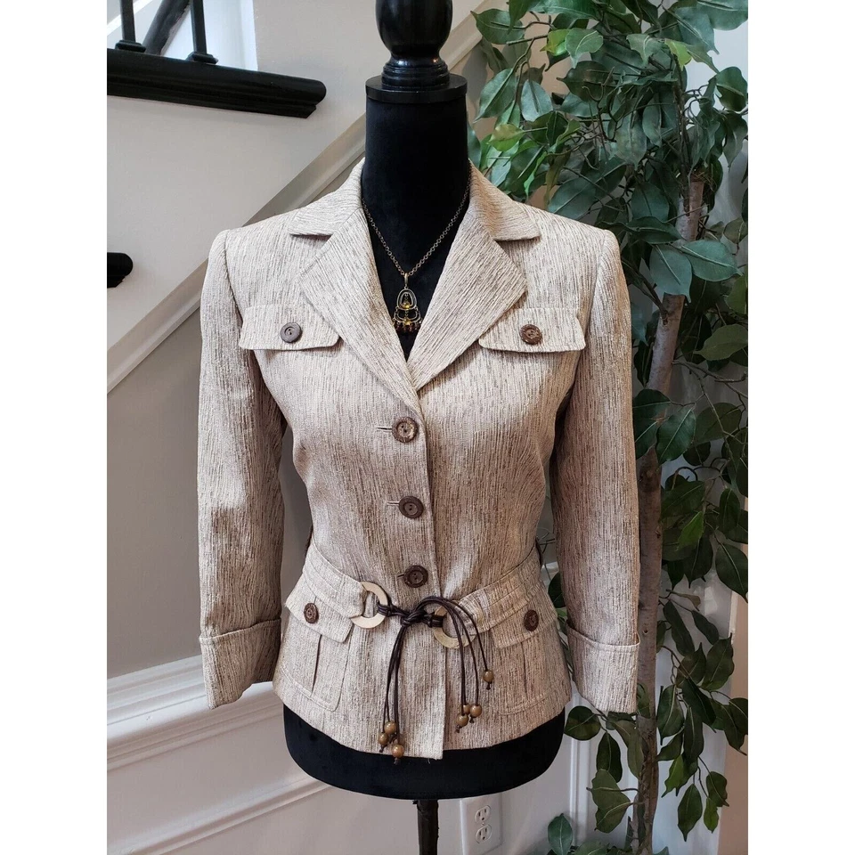 Chaqueta Blazer Tahari Arthur S Levine Para Mujer Beige Tweed Cinturón Botón Frontal 4 Foto 1 de 4