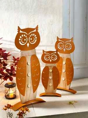 Eulenfamilie "Kauz", 3er-Set Deko Garten Dekoration aus Metall und Holz - Bild 1 von 4
