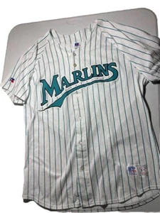 Camiseta deportiva a rayas vintage de los años 90 Florida Marlins Russell hecha en EE. UU. XL - Imagen 1 de 12