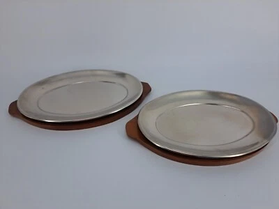 Sizzling Fajita Set of 2 Heavy Aluminum Platters Teakwood Underplate 12.75"x7.5" - Image 1 of 4