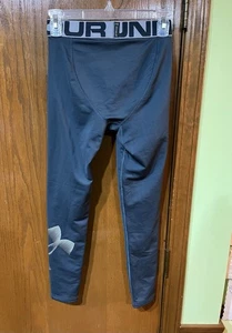 Under Armour Leggings Youth Boys L Gray Pull On Fitted Stretch Heat Gear Crop - Picture 1 of 6