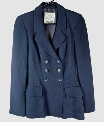VTG Moschino Cheap & Chic Navy Double-Breasted Blazer Floral Buttons & Back Bow - Image 1 of 4