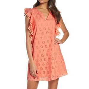 Vestido Lilly Pulitzer Astara Melocotón Flamenco Pom Pom Manga Volantes Ojales Talla M - Imagen 1 de 9