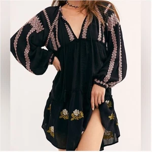 NWT Free People Wild Horse Embroidered Tassel Mini Dress Black Tunic XS - Picture 1 of 7
