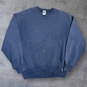 Vintage Russell Athletic Blank Navy Blue Crewneck Sweater Large Distressed - Picture 1 of 6