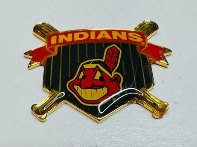 Cleveland Indians Lapel Pin Chief Wahoo Epoxy Pinstripe Home Plate Crossed Bats - Image 1 of 2
