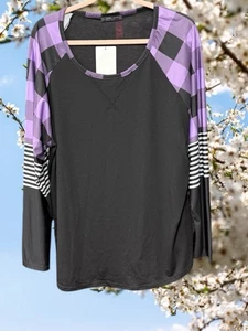 Loveu Dear women’s plus size 3XL long sleeve shirt black purple check raglan new - Picture 1 of 5