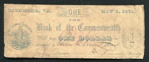 1861 $1 THE BANK OF THE COMMONWEALTH RICHMOND VIRGINIA OBSOLETE BANKNOTE - Picture 1 of 2