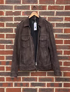 All Saints Mens OAKLEY Suede Bomber Biker Jacket SMALL Brown Military Leather - Picture 1 of 15