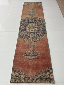 Vintage Hand Knotted Wool Oriental Runner, 2x9 ft Turkish Rug in Red Blue Tones - Picture 1 of 10