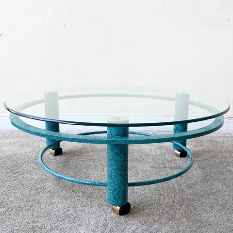 Postmodern Teal Blue Circular Beveled Glass Top Coffee Table on Casters Cover