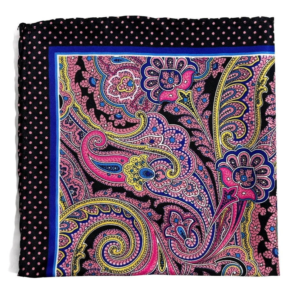 Silk-Like Navy Blue & Pink Paisley Dot Pocket Square (Handmade) - Image 1 of 4