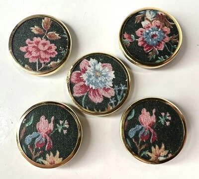 5 Floral Fabric Button Covers Pink Green Cotton Gold Tone Frame 1.125” Dia - Image 1 of 3