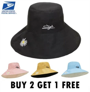 Double Sided Daisy Wide Brim Bucket Hats Sun Protection Cap Fishing W/ Rope - Picture 1 of 9