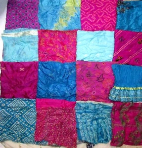 LOT PURE SILK Vintage Sari Fabrics REMNANT 16 pcs 8" SQUARES Aqua Magenta DECOR - Picture 1 of 1