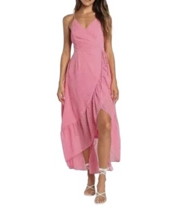 Lulus Pink Sleeveless Midi Wrap Dress Swiss Dot High-Low Hem V-Neck XL Party - Picture 1 of 5