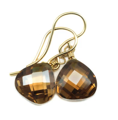 14k Gold Cubic Zirconia Earrings Brown Chocolate CZ Sterling Faceted Heart Drops - Image 1 of 4
