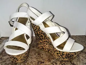 STRAPPY SANDALS SZ 9 WHITE LEOPARD WEDGE PLATFORM - Picture 1 of 6
