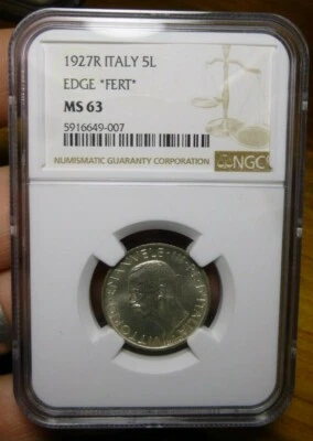 1927 R ITALY SILVER 5L FIVE LIRE NGC MS63 *FERT* - Image 1 of 4