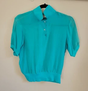 vintage 80s 100% silk cropped short sleeve polo t-shirt teal rib knit hem XS S - Picture 1 of 6