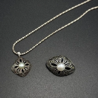 "Juego de collar y broches de perlas de agua dulce de marcasita de plata de ley 925 JC 17""" Foto 1 de 4