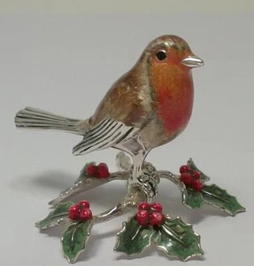 Vintage Saturno Sterling Silver & Enamel Robin on Holly – Hallmarked 2017  (40g) - Picture 1 of 12