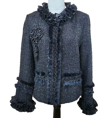 Женская куртка Gaby Eden размер средний черный металлик твидовый кроличий мех оборка пальто - Изображение 1 из 4