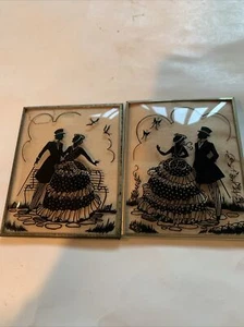 Vtg Pair Reverse Painted Silhouettes Pictures Convex Glass Couple Courting 4x5 - Picture 1 of 4
