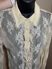 Lace Through Frill Blouse Top With Pearl Buttons Size Small White Stag