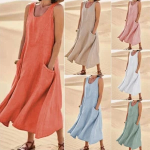 Ladies Plain Cotton Linen Sleeveless Dress Womens Casual Crew Neck Maxi Sundress - Picture 1 of 22