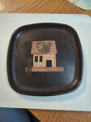 BANDEJA CON INCRUSTACIONES VINTAGE COUROC MONTEREY CABAÑA DE PECES CUADRADA CMC INCRUSTACIÓN DE MADERA NEGRA Foto 1 de 3