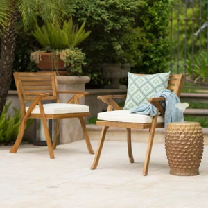 2-Piece Acacia Wood Outdoor Dining Chairs with Waterproof Cushions - Picture 1 of 13