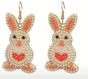 Easter Rabbit/Bunny Seed Bead Dangle Earrings With Red Heart - Picture 1 of 1