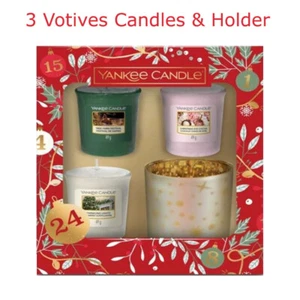 Yankee Candle Gift Set 3 Votives Scented Candles & 1 Holder Christmas Collection