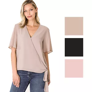Zenana Womens Woven Double Layer Chiffon Side Tie Bell Sleeve Top - Picture 1 of 31