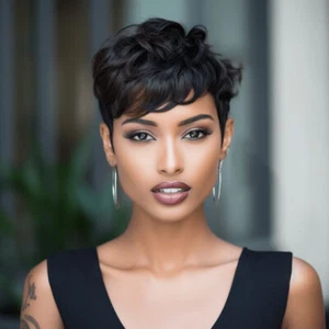 Pixie Cut Wig Black Short Wave Human Hair Layered Cut Short Haircut Pixie Wigs  - Picture 1 of 8