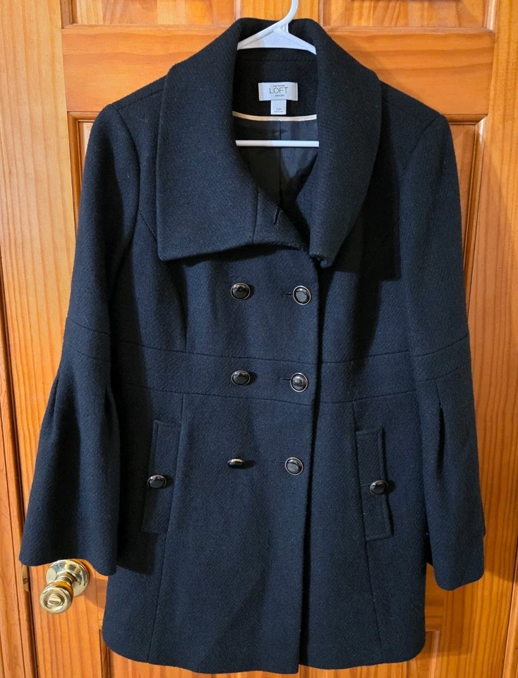 Abrigo Ann Taylor Negro Mezcla Lana Doble Pecho Guisante Mangas Campana Mujer Talla 12P Foto 1 de 4