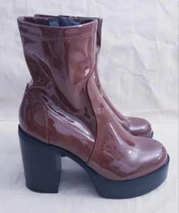 Madden Girl Women’s Size 9 Platform Heel Chunky Patent Leather Booties Brown - Picture 1 of 11