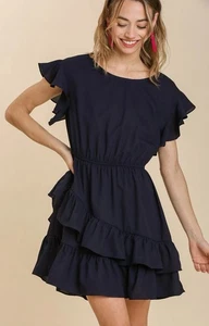 Umgee Navy Blue Ruffle Short Sleeve Dress Small Wedding Winery Cruise Dinner - Picture 1 of 9