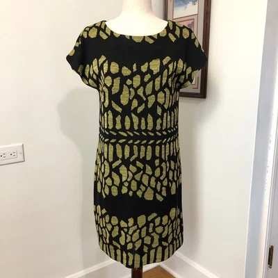 Misook Black Green Knit Sheath Dress PSmall Abstract Print Stretch Chic Designer - Image 1 of 4