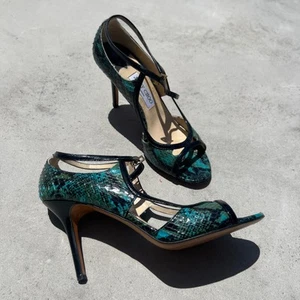 Jimmy Choo | Vintage Python Snakeskin Blue Turquoise Black Strappy Heels (40) - Picture 1 of 10