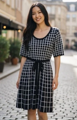 Casual Chic Dress Geometric Design Sweater 3/4 Sleeve Black & White Modest Sz S - Image 1 of 4