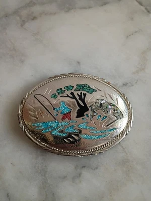 De colección Nativo Americano Turquesa Coral Incrustación Hebilla de Cinturón Suroeste Plata Alemana  Foto 1 de 4
