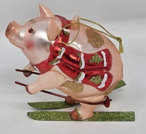 Gisela Graham Navidad Lunares Cerdo En Esquís Vidrio Soplado Brillo - Imagen 1 de 6