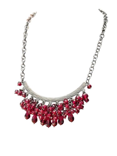 VETEMENTS Collana Donna Perline Rosse Cascata Look 20" Catena Argento